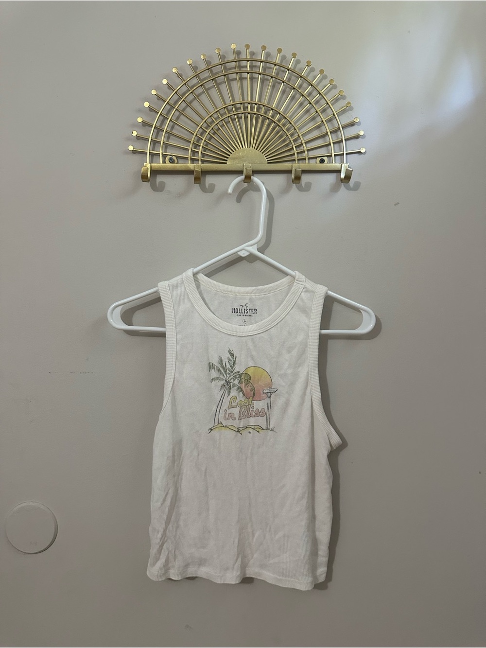 Hollister White Tank Top with Pastel Sunset Palm Graphic